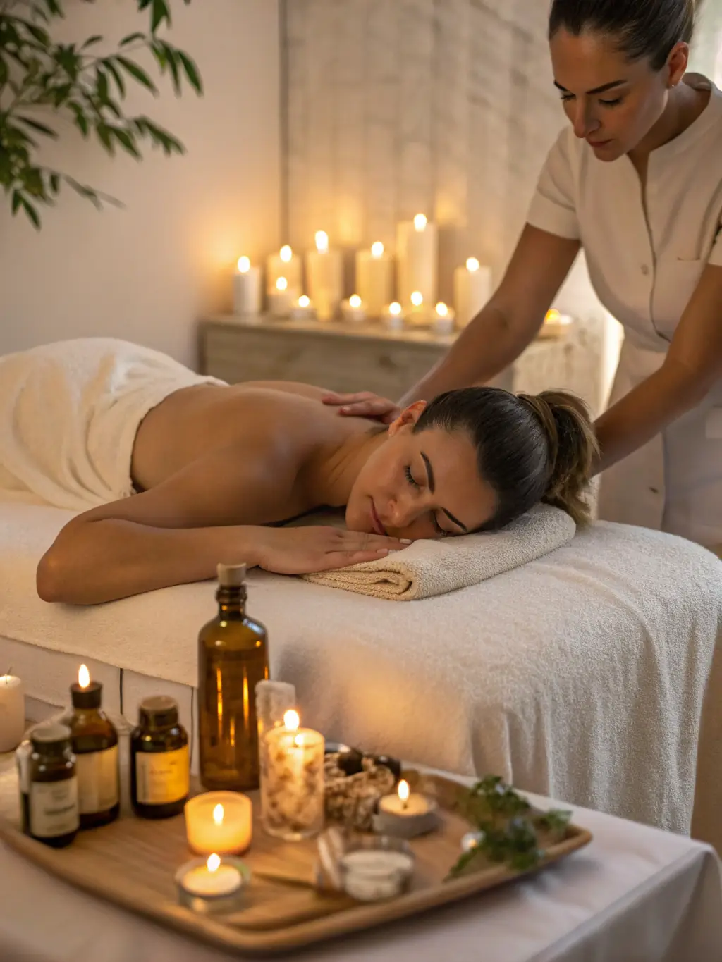 A tranquil spa room with candles, soft lighting, and a client enjoying a massage, illustrating Renati Med Spa's luxury spa experiences.