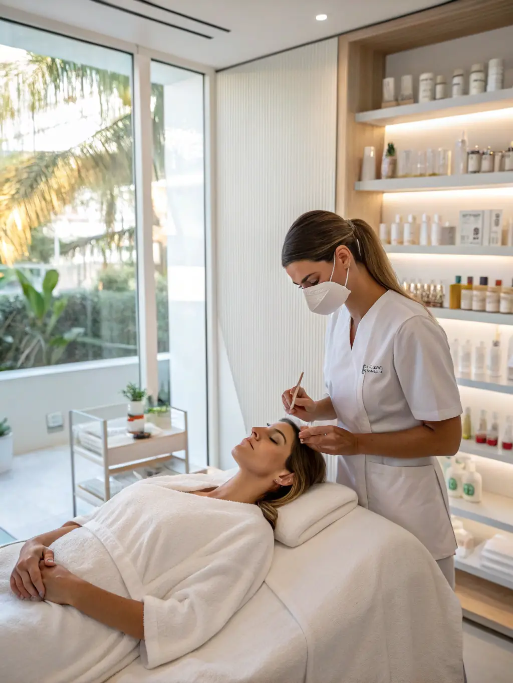A serene treatment room with state-of-the-art equipment and a client receiving a facial treatment, showcasing Renati Med Spa's advanced aesthetic treatments.
